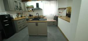 uma cozinha com um lavatório e um frigorífico preto em Farma Opačitá em Valaská Belá