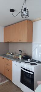 una cucina con stufa bianca e armadietti in legno di Apartman Popović - Vila Gorštak a Divčibare