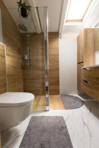 a bathroom with a shower and a toilet and a sink at Officinalis - Family Vacation House in Brzac