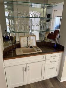 a kitchen counter with a sink and a glass wall at Newly Remodeled Hilton Head Villa in Hilton Head Island