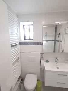 La salle de bains blanche est pourvue de toilettes et d'un lavabo. dans l'établissement Paris chatou brand new quiet cosy flat, à Chatou
