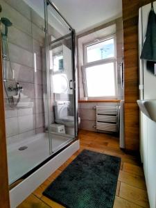 ein Bad mit einer Dusche, einem Waschbecken und einem Fenster in der Unterkunft Zielona Kamienica Gdańsk in Danzig
