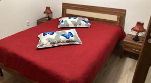 a bedroom with a red bed with two pillows at Cabana Busteni in Buşteni