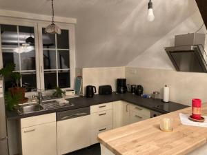 eine Küche mit einer Spüle und einer Arbeitsplatte in der Unterkunft Romantische Ferienwohnung im Grünen in Hohen Neuendorf