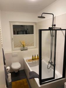 a bathroom with a shower and a toilet and a sink at Apartment am Palaisgarten, NETFLIX, WLAN, Boxspringbett in Detmold