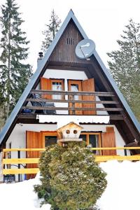 a house with a gambrel roof in the snow at Hiša Pr Valter in Jesenice