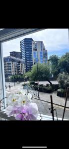 una ventana con vistas a la ciudad y flores en Perfect for families with free parking, en Londres