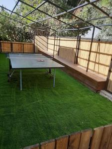 una mesa de ping pong en un patio trasero con una valla en אירוח גאלה בגולן, en Katzrin