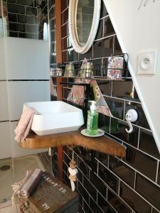 een badkamer met een wastafel en een spiegel bij Chambre d'hôte Margot'te in Mimizan