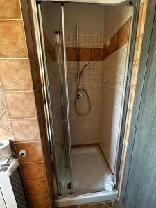 a shower with a glass door in a bathroom at agriturismo villa amerina in Corchiano