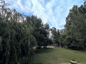 un parco con alberi su un prato di Casa de campo de piedra a Tunuyán