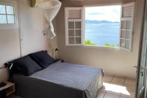 a bedroom with a bed with a view of the water at Magnifique Villa Collinos avec piscine et jardin in Schœlcher