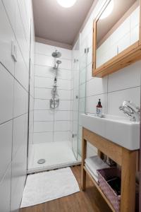 ein Bad mit einer Dusche und einem Waschbecken in der Unterkunft Blick Apartments - Riverview Studio Apartment in Zgorzelec