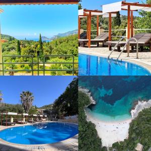 a collage of four pictures of a pool at Avra Sunset Sea View Liapades in Liapades