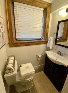 a bathroom with a toilet and a sink and a window at Cozy Historic Family Home in the Heart of Richmond in Richmond