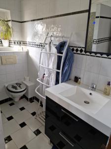 Le Mas du Sud في دراجوينا: حمام أبيض مع حوض ومرحاض