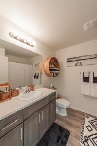 uma casa de banho com um lavatório e um WC em Modern and Stylish KING bed Wifi FREE Parking em Spokane Valley