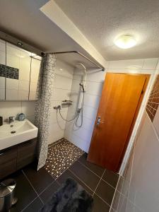 La salle de bains est pourvue d'une douche et d'une porte en bois. dans l'établissement OhPardon! GAILDORF - DG Wohnung, Garten, Smart-TV, à Gaildorf