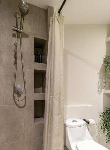 La salle de bains est pourvue d'une douche, de toilettes et d'un rideau de douche. dans l'établissement ¡Hermoso Departamento en el corazón de Roma Norte!, à Mexico 38 autres photos