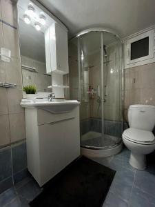 La salle de bains est pourvue d'une douche, de toilettes et d'un lavabo. dans l'établissement Stay Calm, à Athènes