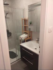 a bathroom with a shower and a sink and a mirror at Apartmani Tina in Jelsa