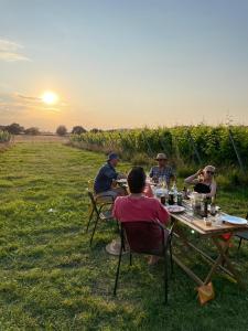a group of people sitting at a table in a field at Coasters Hideaway boutique Glamping in Brunnby