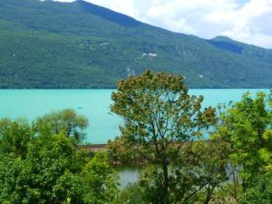 vistas a un lago con árboles y montañas en Meublé avec jardin au bord lac du Bourget, en Brison-Saint-Innocent