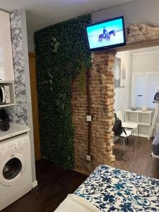 a living room with a brick wall with a tv on it at Coqueto apartamento muy céntrico in Madrid