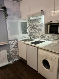 a kitchen with a sink and a washing machine at Coqueto apartamento muy céntrico in Madrid