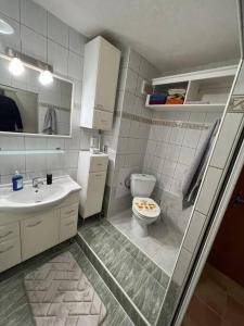 a bathroom with a toilet and a sink at Penthouse na 12 poschodí s terasou a výhľadom na celé mesto in Nitra