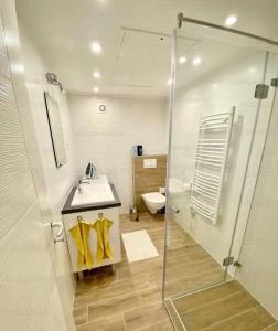 uma casa de banho com um chuveiro, um lavatório e um WC. em Keleti pályaudvar Train station-Home em Budapeste