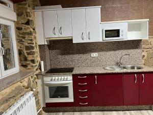 una cocina con armarios rojos y fregadero en Casa Xulián, en Monterroso