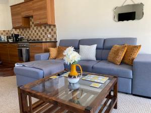 a living room with a blue couch and a coffee table at Ferry Rd by Westcountry SA in Plymouth