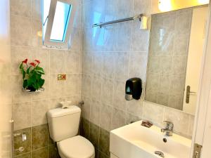 ein Badezimmer mit einem WC, einem Waschbecken und einem Spiegel in der Unterkunft Panorama Apartments in Kastrí
