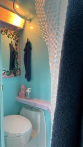 uma casa de banho com um WC e uma cortina de chuveiro em Ir por ai Arrábida em Azeitao