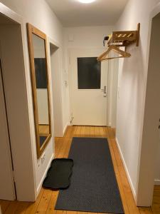 einen Flur mit Tür, Teppich und Spiegel in der Unterkunft Apartment am Palaisgarten, NETFLIX, WLAN, Boxspringbett in Detmold