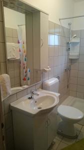 bagno con lavandino, servizi igienici e specchio di Guest House Violeta a Rab
