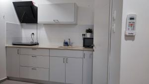 eine weiße Küche mit einer Spüle und einem Kühlschrank in der Unterkunft Studio Apartment 12 Minutes from Bahai's garden in Haifa