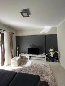 ein Wohnzimmer mit einem Sofa und einem TV in der Unterkunft Loft com linda vista na Rota do Enxaimel in Pomerode