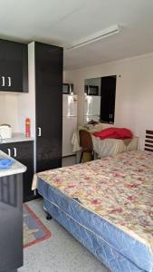 um quarto de hotel com uma cama e uma cozinha e um quarto em Meadroad homestay tours & transfers Studio Flat em Suva
