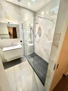 a bathroom with a shower and a sink at Brand-new apartments in the heart of Brussels in Brussels