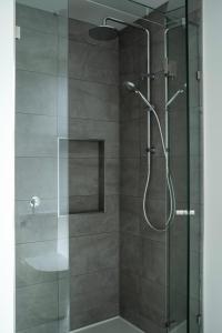 a shower with a glass door and a tub at Bruny Island Escapes and Hotel Bruny in Alonnah