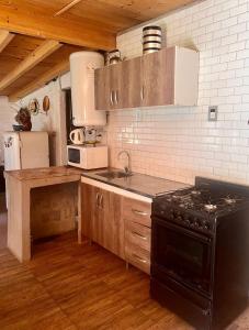 波特雷里約斯的住宿－Casa Azul，厨房配有黑炉和白色家电