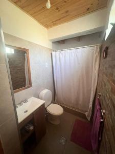 a bathroom with a toilet and a sink and a mirror at Casa Azul in Potrerillos