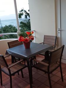 d'une table, de chaises et d'une plante en pot sur le balcon. dans l'établissement STUDIO ROUGE GORGE TARTANE, à La Trinité