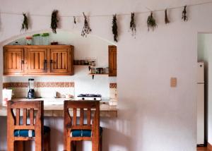 a kitchen with wooden cabinets and two chairs at Hostal Tribu Malinalco in Malinalco +25 photos