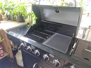 een zwarte barbecue in een tuin met planten bij Non power Campsite. in Karimba