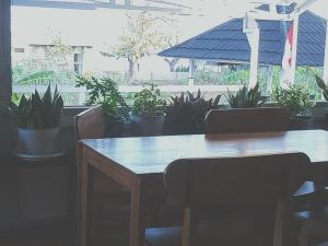 een houten tafel met stoelen en potplanten bij Arista Lakey Peak House in Huu