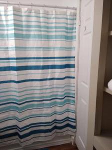 a shower with a striped shower curtain in a bathroom at Old Jefferson in Paris