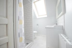 biała łazienka z prysznicem i umywalką w obiekcie Villa Clément Sens Appart'Hotel w mieście Sens